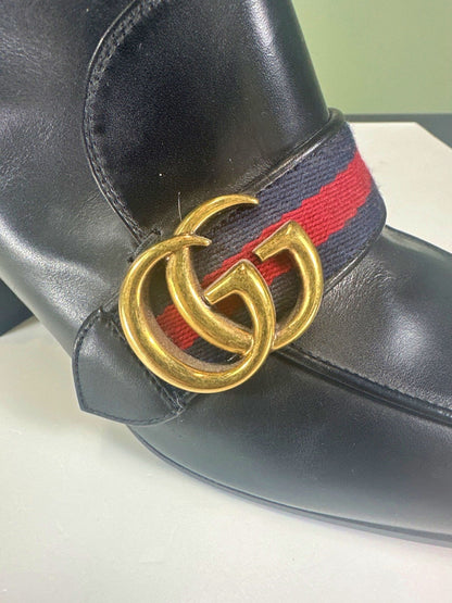Gucci Black Leather Ankle Boots with GG Marmont and Pearl Detail UK 4