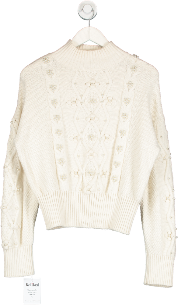 & Other Stories Cream Pearl Bead Cable Knit Jumper UK S