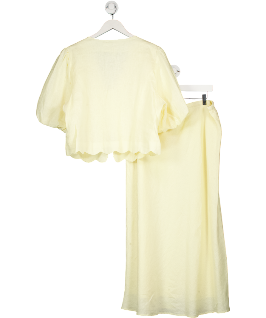 Mint Velvet Yellow 2-piece Scalloped Linen Tie-front Top And Midi Skirt Set UK XL