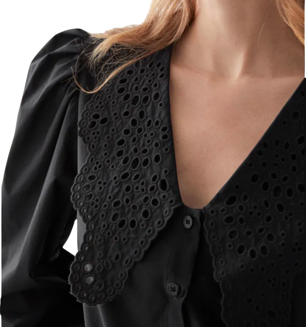 & Other Stories Black Embroidered Collar Puff Sleeve Cotton Blouse Eu40 UK 12