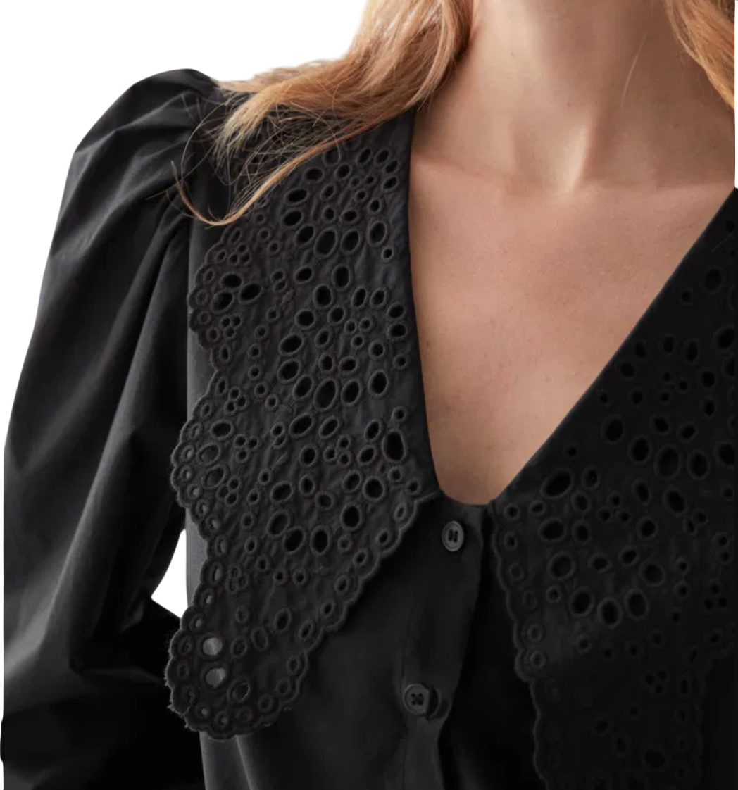 & Other Stories Black Embroidered Collar Puff Sleeve Cotton Blouse Eu40 UK 12