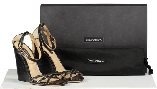 Dolce & Gabbana Black / Gold Snake Embossed Leather Wedge Heel Sandals UK 3 EU 36 👠
