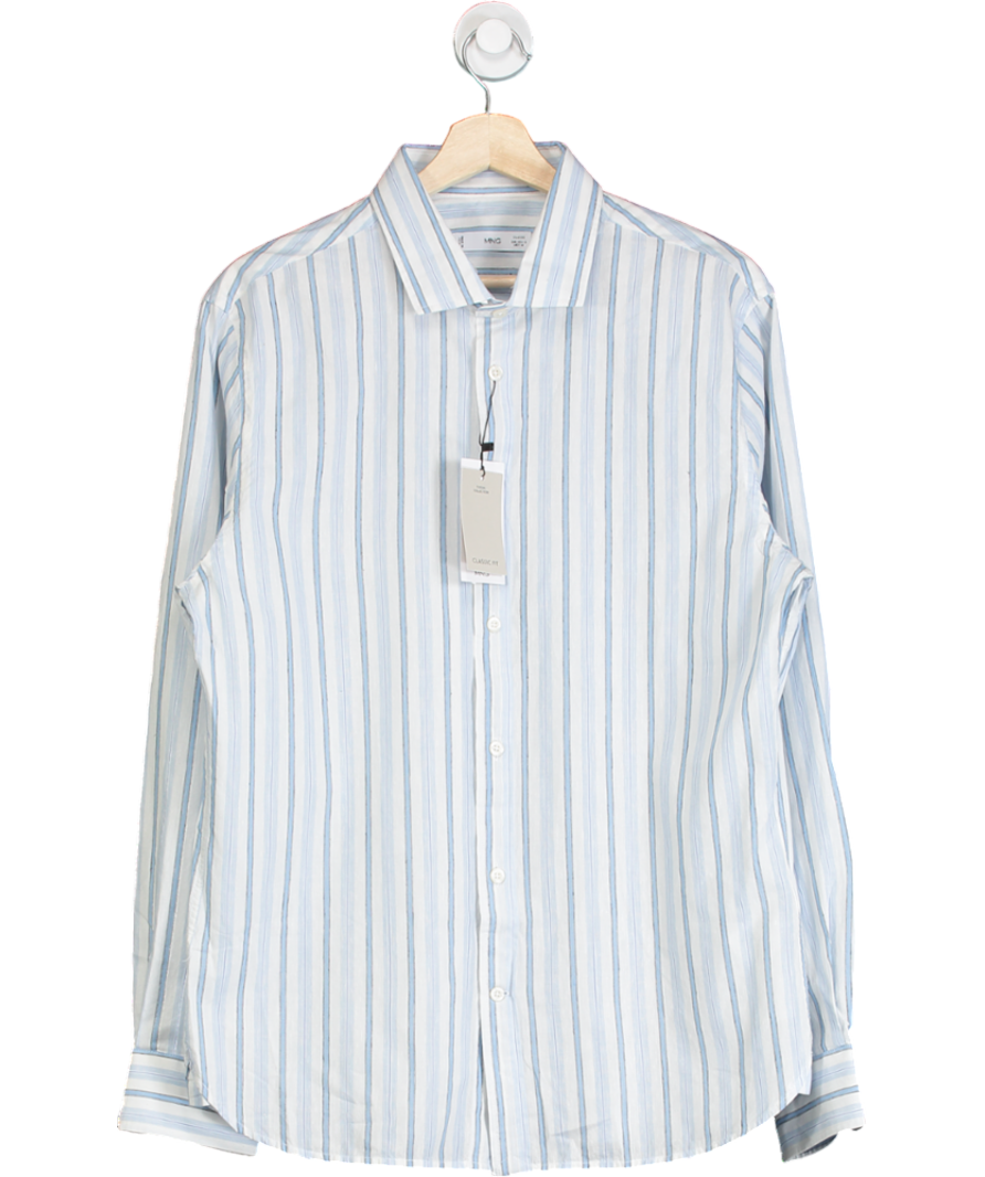 MANGO Blue Classic Fit Cotton Linen Rustic Striped Shirt UK M