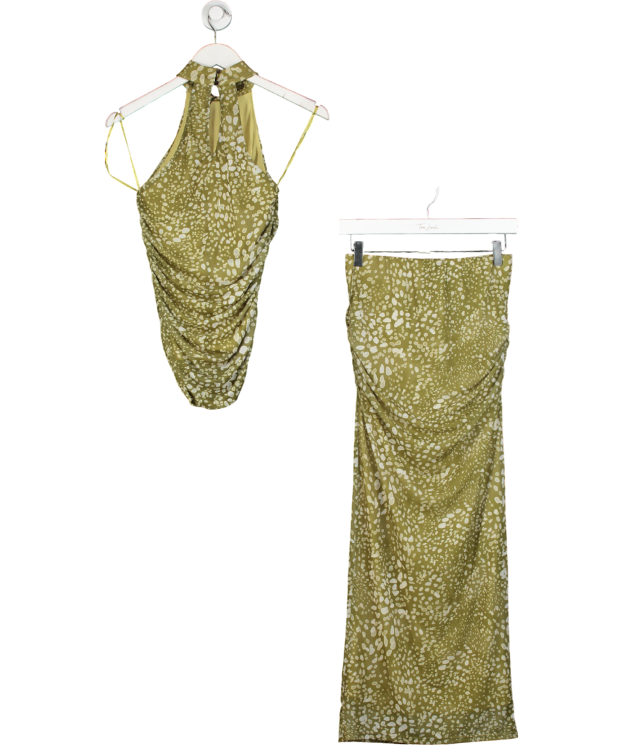 River Island Green Spot Sleeveless Mesh Halter Neck Top And Ruched Maxi Skirt UK S