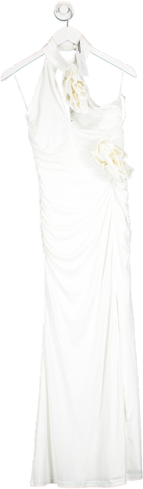 Karen Millen White Drapey Ruched Jersey Rosette Maxi Dress UK XS
