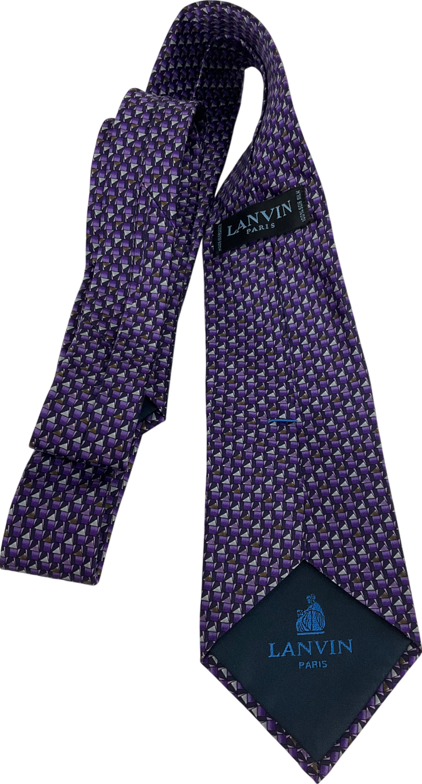 LANVIN Purple Print 100% Silk Neck Tie