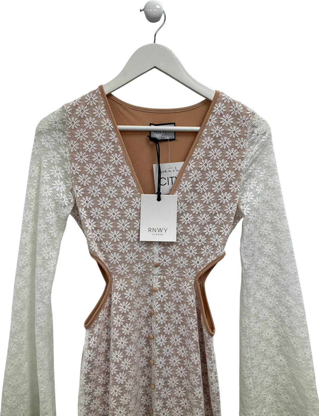 RNWY White Side Cut Out Lace Maxi Dress With Flared Sleeves UK S