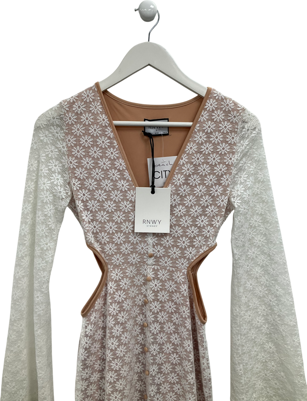 RNWY White Side Cut Out Lace Maxi Dress With Flared Sleeves UK S