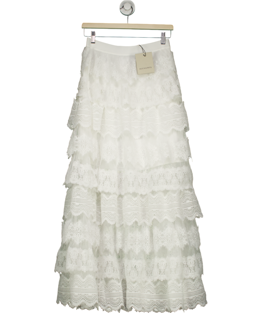 All Saints White  Lizi Tiered Lace Maxi Skirt UK 8