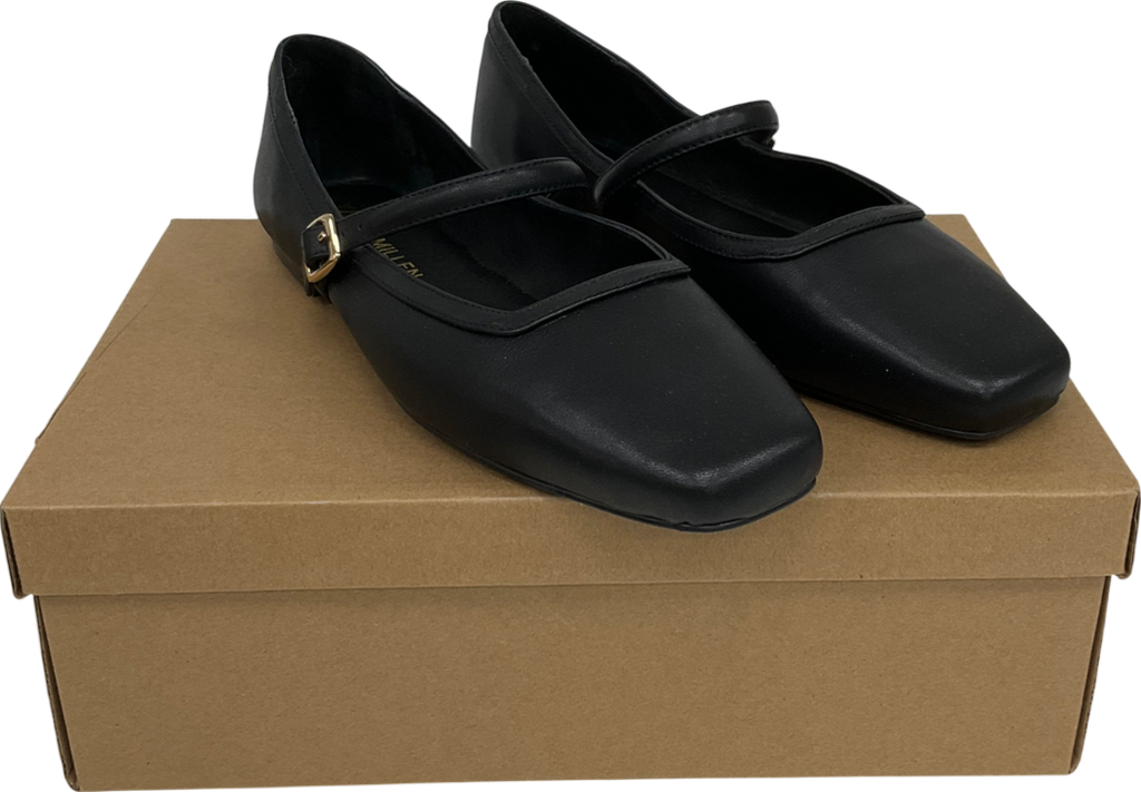 Karen Millen Black Leather Flat Square Toe Mary Jane Pumps UK 5 EU 38 👠