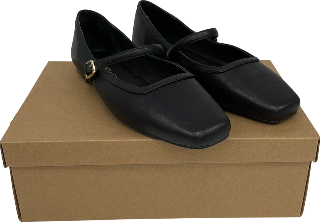 Karen Millen Black Leather Flat Square Toe Mary Jane Pumps UK 5 EU 38 👠
