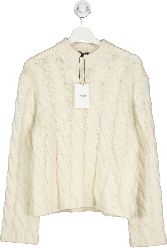 Theory Cream Cable Knit Mock Neck Sweater In Felted Wool-cashmere UK S