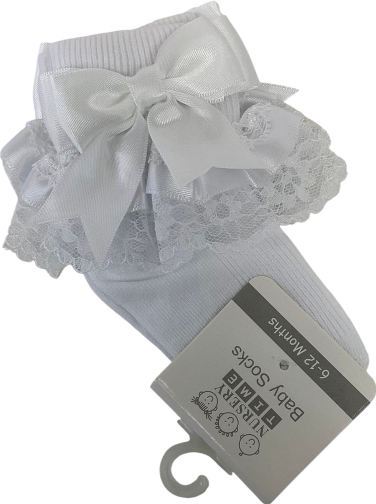 Nursery Time White Satin Bow Detail Frilly Socks 3-6 Months