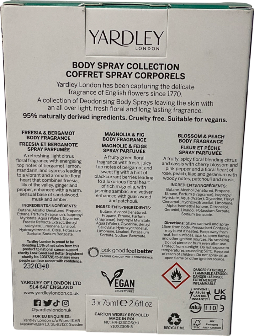 yardley Gifts & Sets Contemporary Body Spray Set X3 75ml