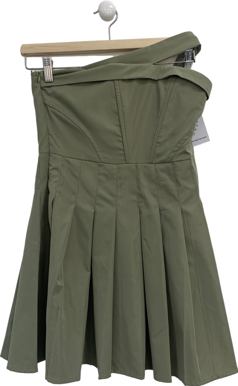 PrettyLittleThing Green Khaki Tailored Bandeau Pleated Shift Dress UK 8