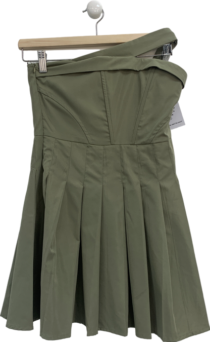 PrettyLittleThing Green Khaki Tailored Bandeau Pleated Shift Dress UK 8