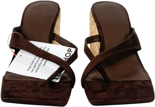 Topshop Brown Naomi Raffia Wedge Toe Thong Mule Sandal In Chocolate Faux Suede UK 6 EU 39