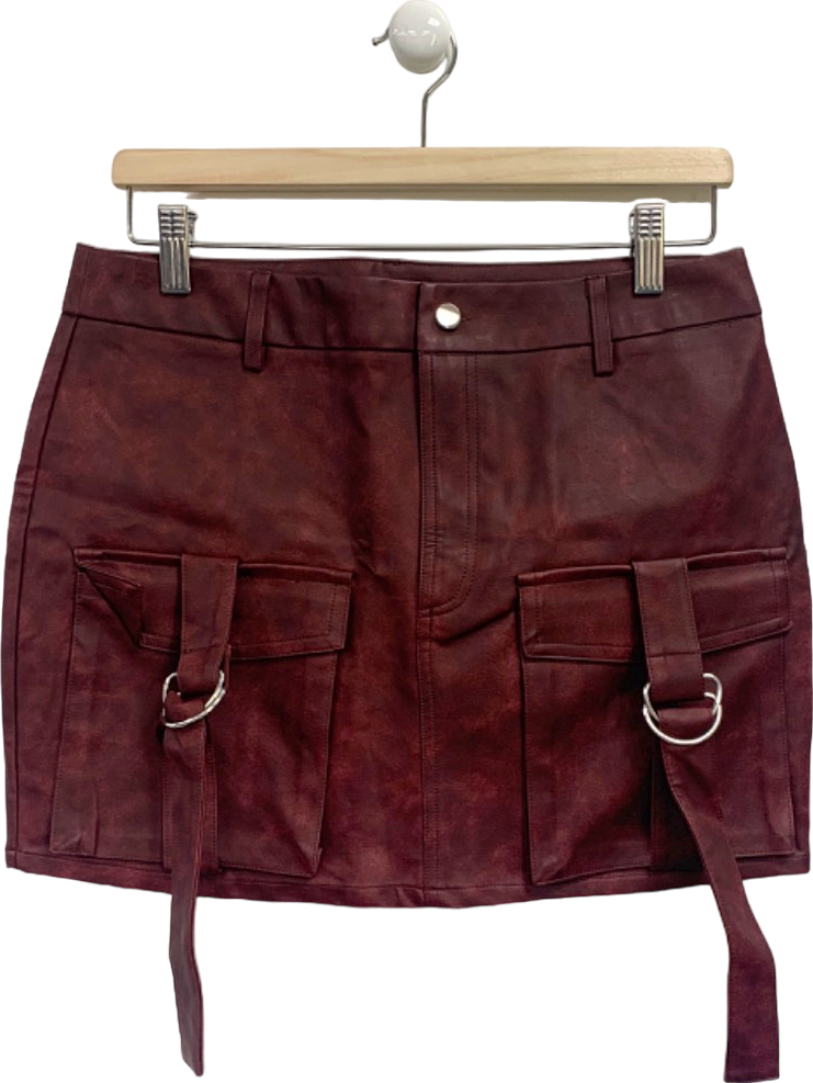 Pretty Little Thing Oxblood Washed Faux Leather Pocket Cargo Mini Skirt UK 10