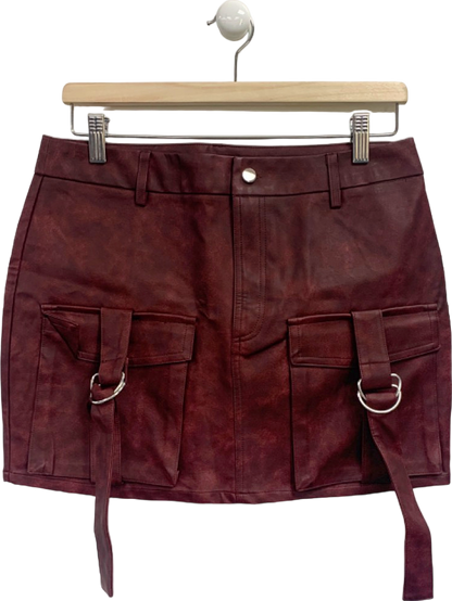 Pretty Little Thing Oxblood Washed Faux Leather Pocket Cargo Mini Skirt UK 10