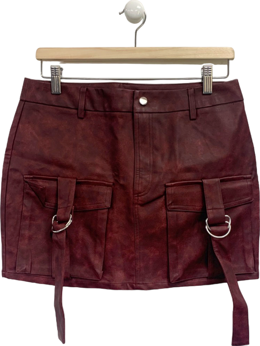 Pretty Little Thing Oxblood Washed Faux Leather Pocket Cargo Mini Skirt UK 10