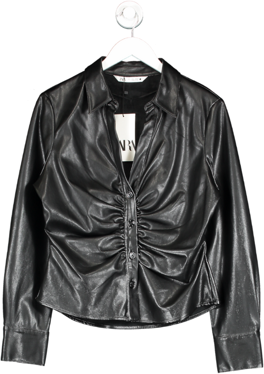 ZARA Black Vegan Leather Ruched Shirt UK L