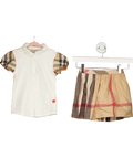 Burberry Beige Polo Shirt With Puff Checked Sleeves And Checked Cotton Skirt 6 Years