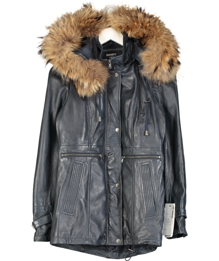 Infinity Leather Blue Warm Leather Hooded Parka Jacket UK S