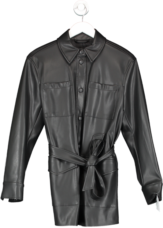 M&S Black Faux Leather Collard Belted Shacket UK 10