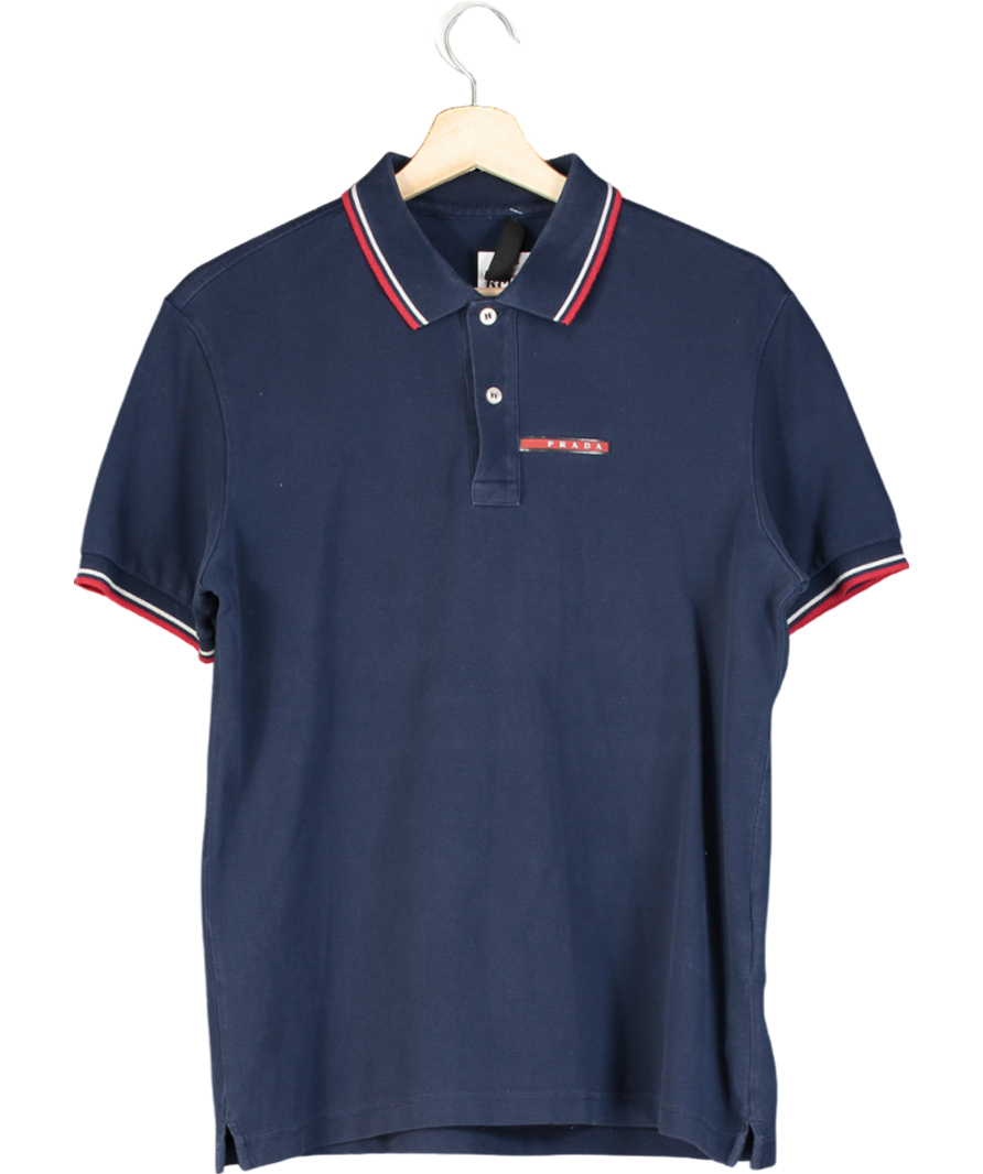 Prada Navy Blue Logo Plaque Polo Shirt UK M