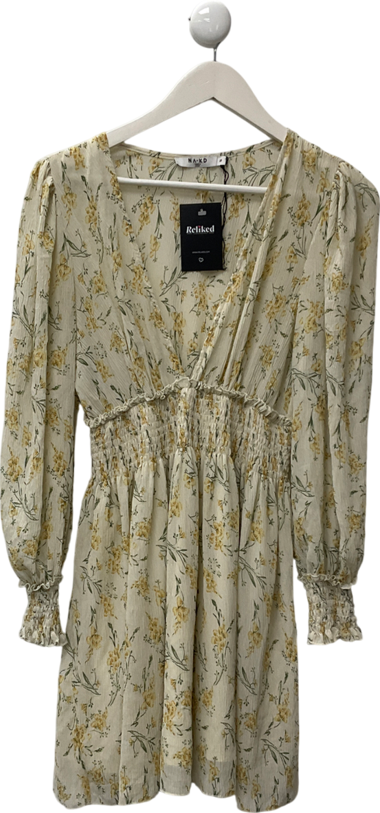 NA-KD Yellow Structured Smock Waist Dress UK 10