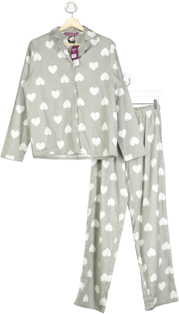 Grey Heart Print Brushed Cotton Button Through Pyjamas UK 8-10