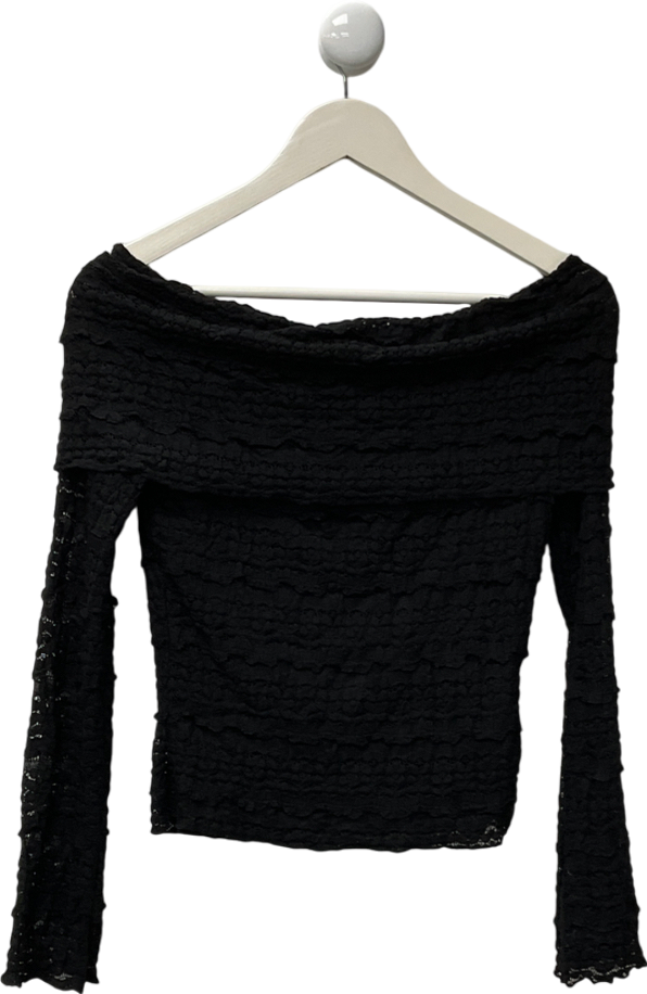 PrettyLittleThing Black Textured Bardot Long Top UK 10