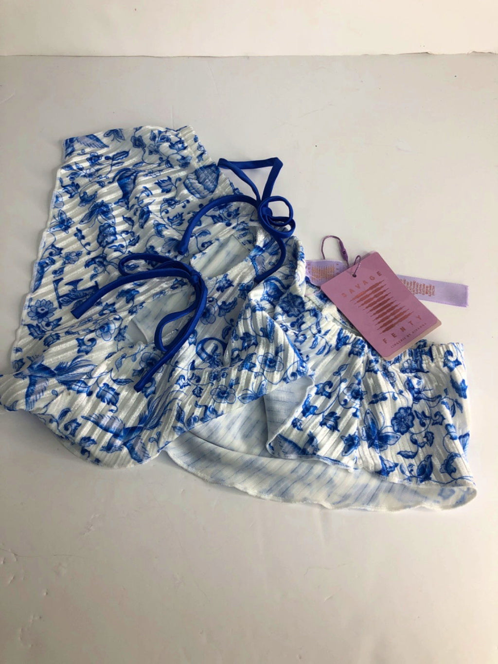 Savage Fenty Blue Floral Print Tie-Up Velvet Babydoll UK XS