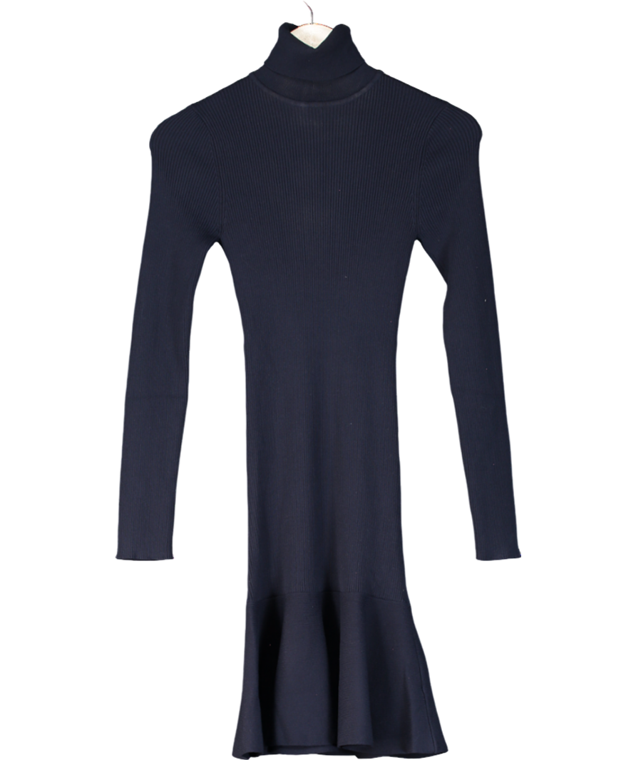 Karen Millen Blue Viscose Blend Knit Roll Neck Belted Flippy Hem Mini Dress UK XS