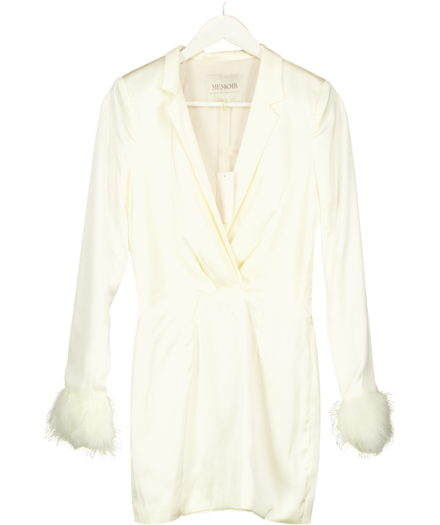 Memoir Cream Satin Mini Dress With Feather Trimmed Sleeves UK XS