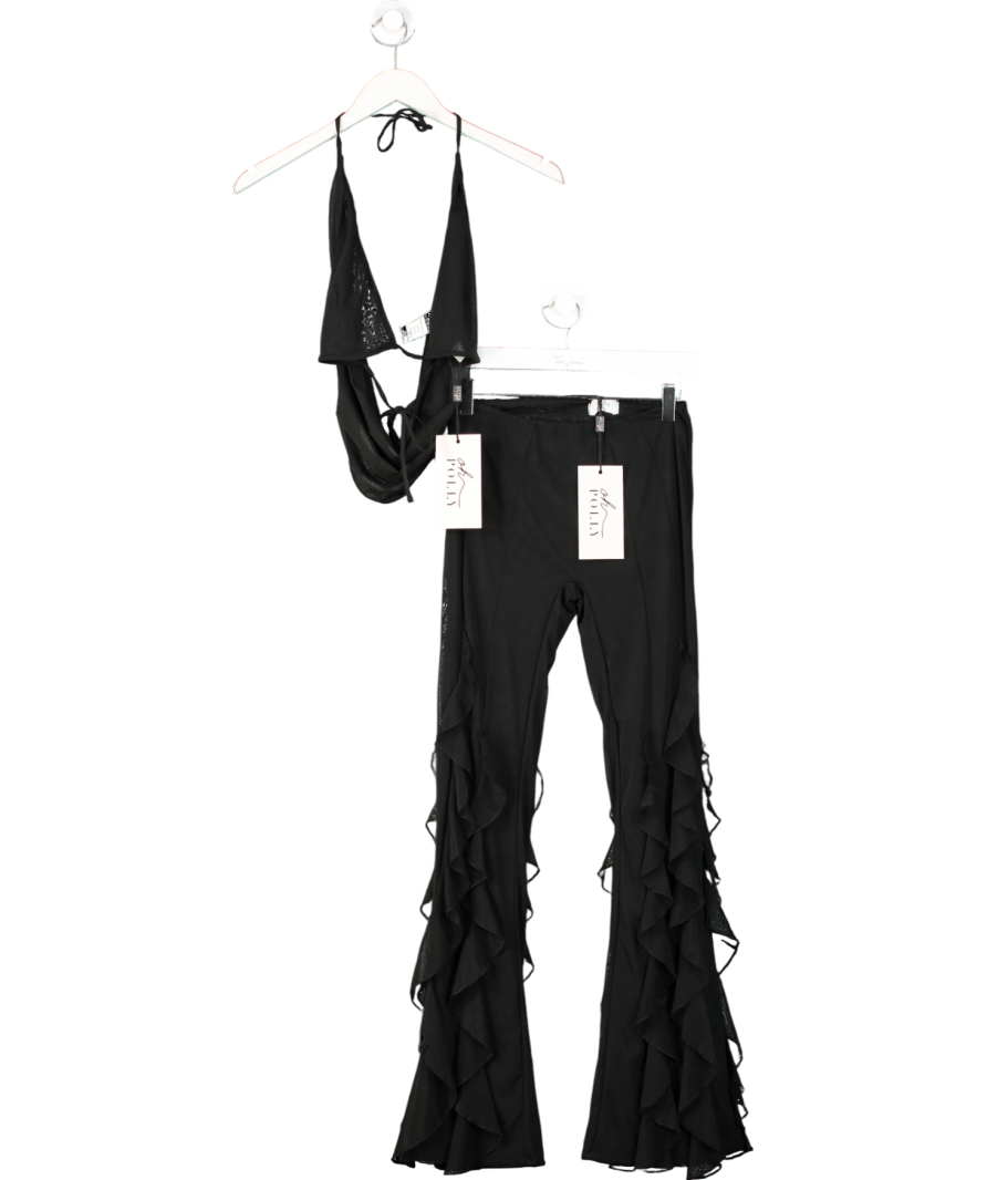 Oh Polly Black Ruffled Mid-rise Flared Trousers & Cowl-neck Crop Top UK S/M