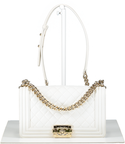 Chanel White Calfskin & Gold-tone Metal Medium Boy Bag