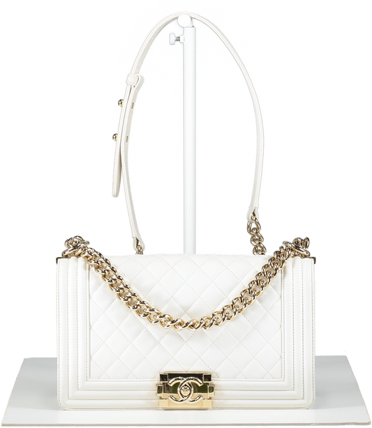 Chanel White Calfskin & Gold-tone Metal Medium Boy Bag