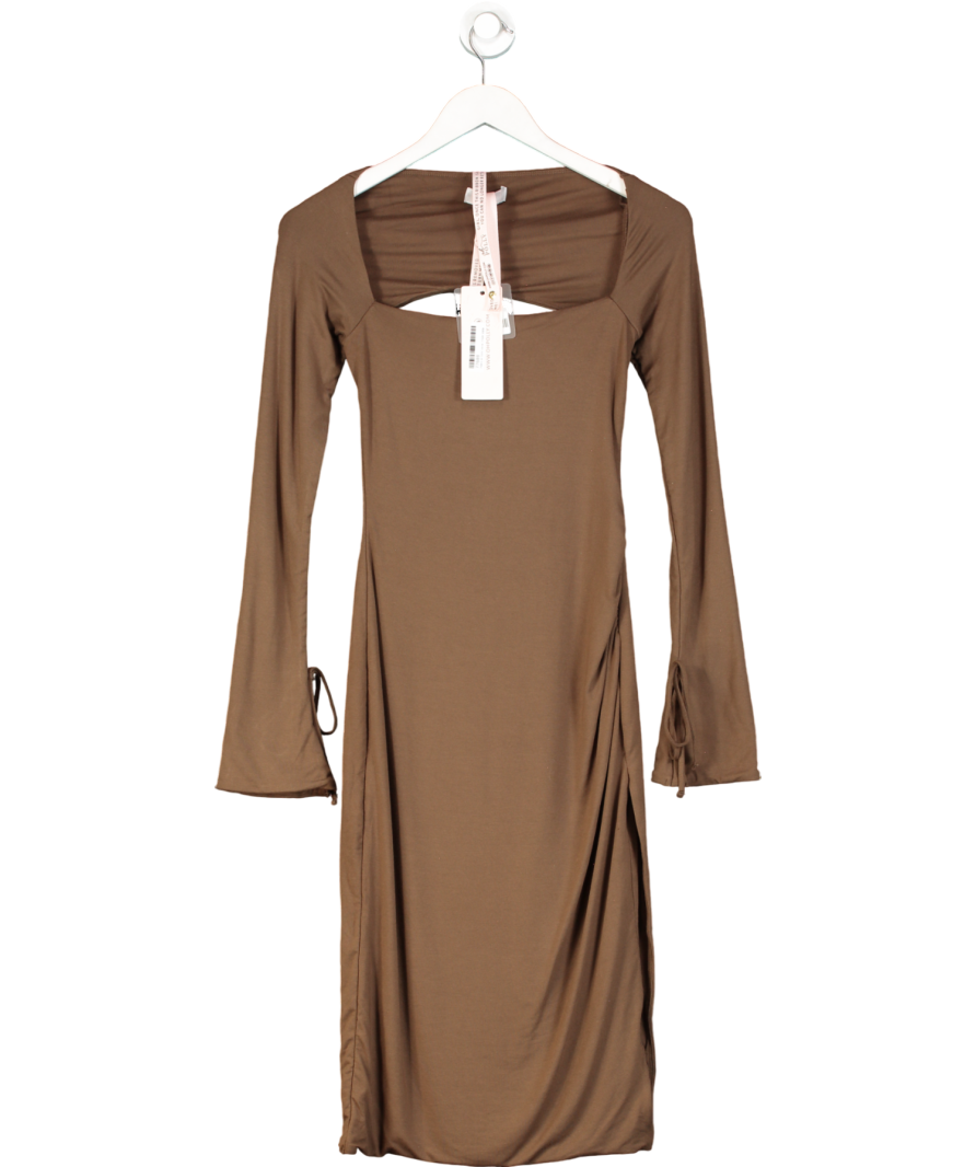 Oh Polly Brown Sawyer Square Neck Long Sleeve Midi Dress UK 8