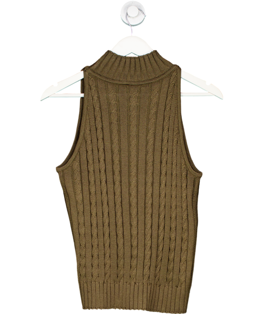 Lily Silk Green Classic High-neck Cable-knit Sleeveless Top UK M