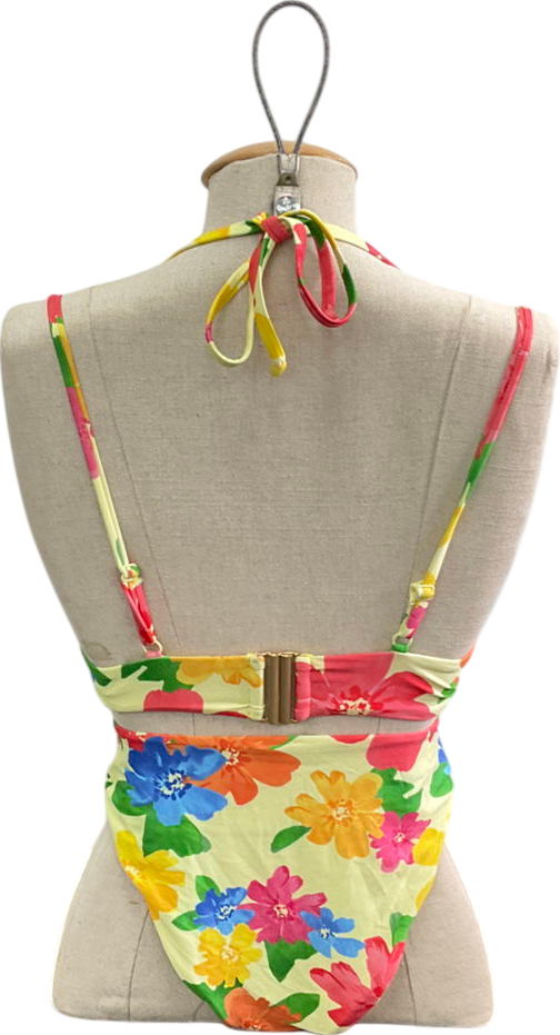 ASOS Yellow Floral Print Bikini Set And Matching Mesh Cover Up Skirt UK 6