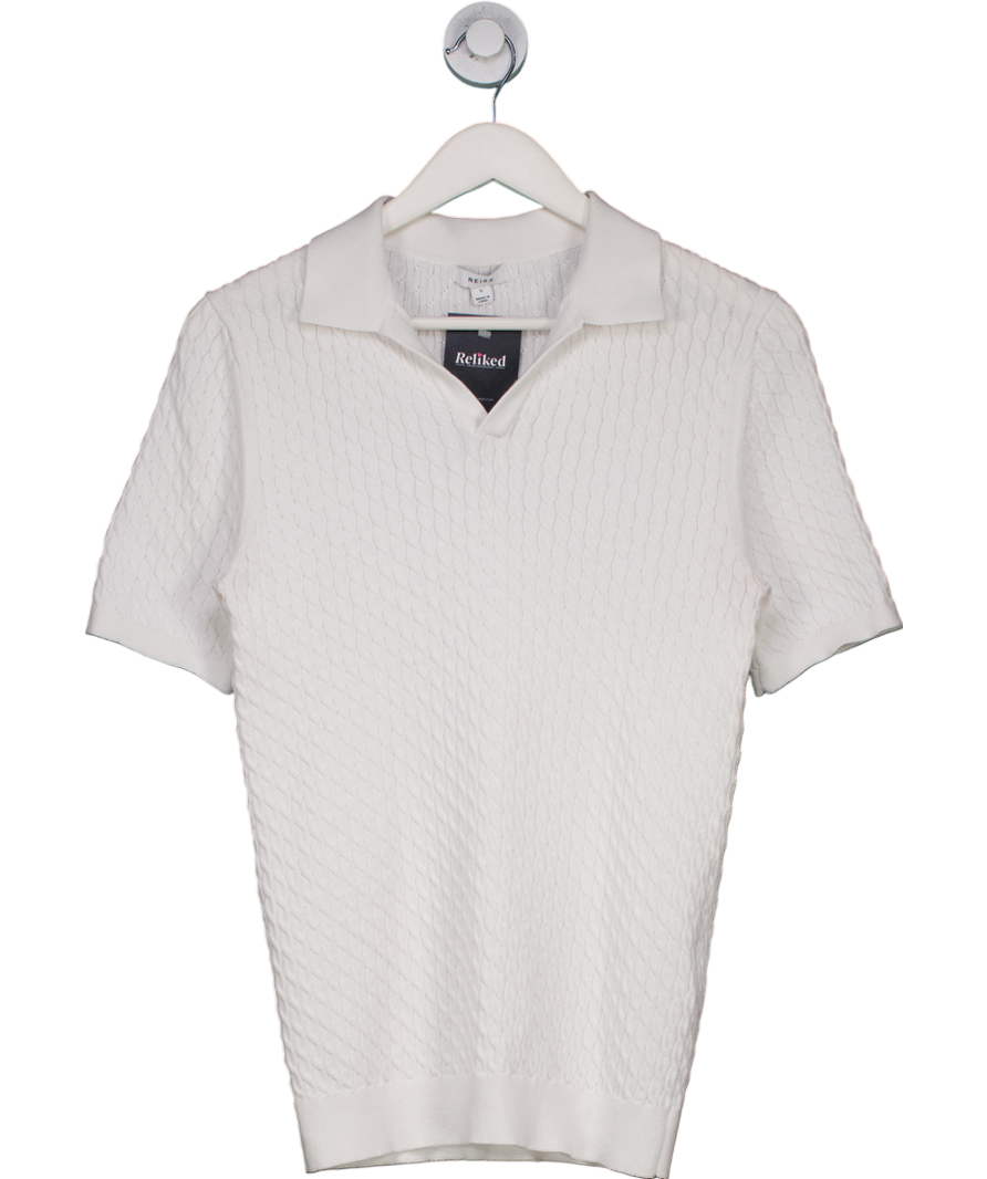 REISS White Federico Slim Fit Cable Knit Open Collar Polo Shirt In Ecru UK S