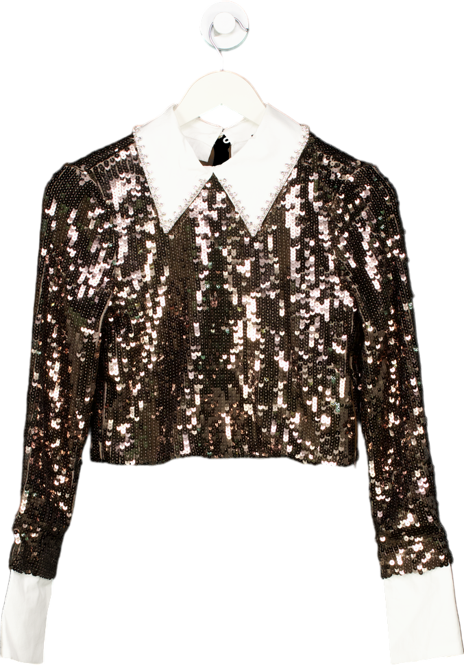 Karen Millen Gun Metal Sequin Woven Long Sleeve Crop Top UK 10