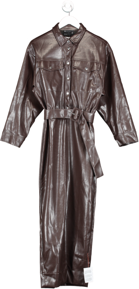 ASOS Brown Croc Leather Look Button Down Midi Shirt Dress UK 8
