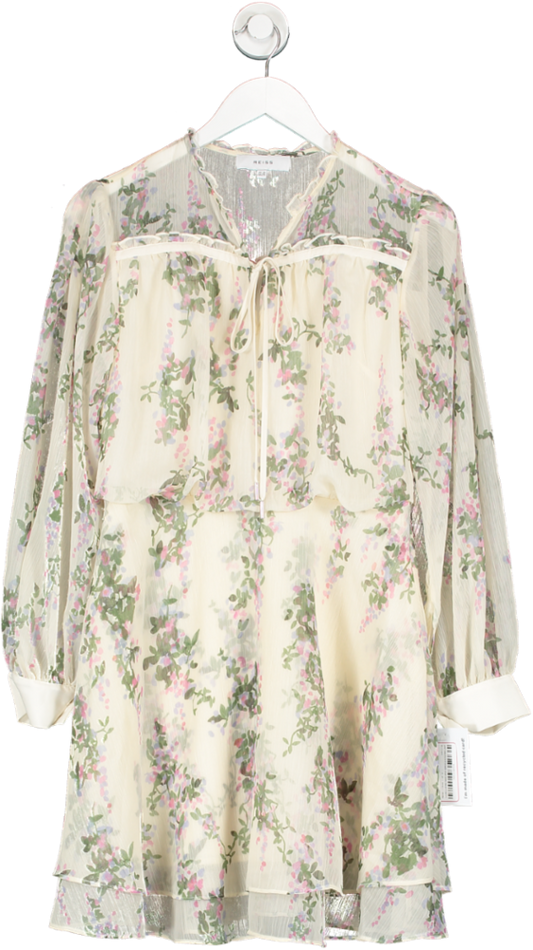 REISS Cream Semi Sheer Floral Print Mini Dress UK 10