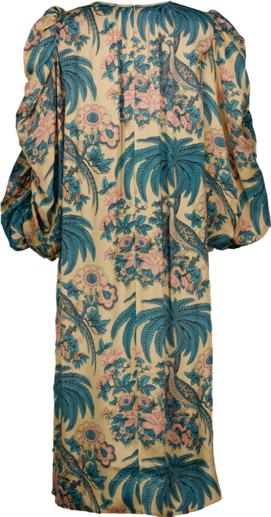 ByTIMO Nude / Pink / Blue Birds Printed Crépe Satin Relaxed Puff Sleeve Midi Dress UK S