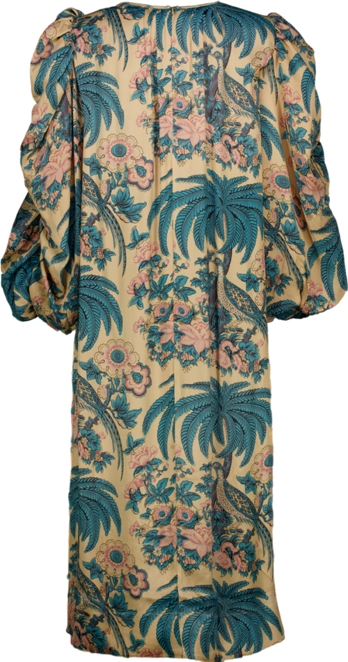 ByTIMO Nude / Pink / Blue Birds Printed Crépe Satin Relaxed Puff Sleeve Midi Dress UK S