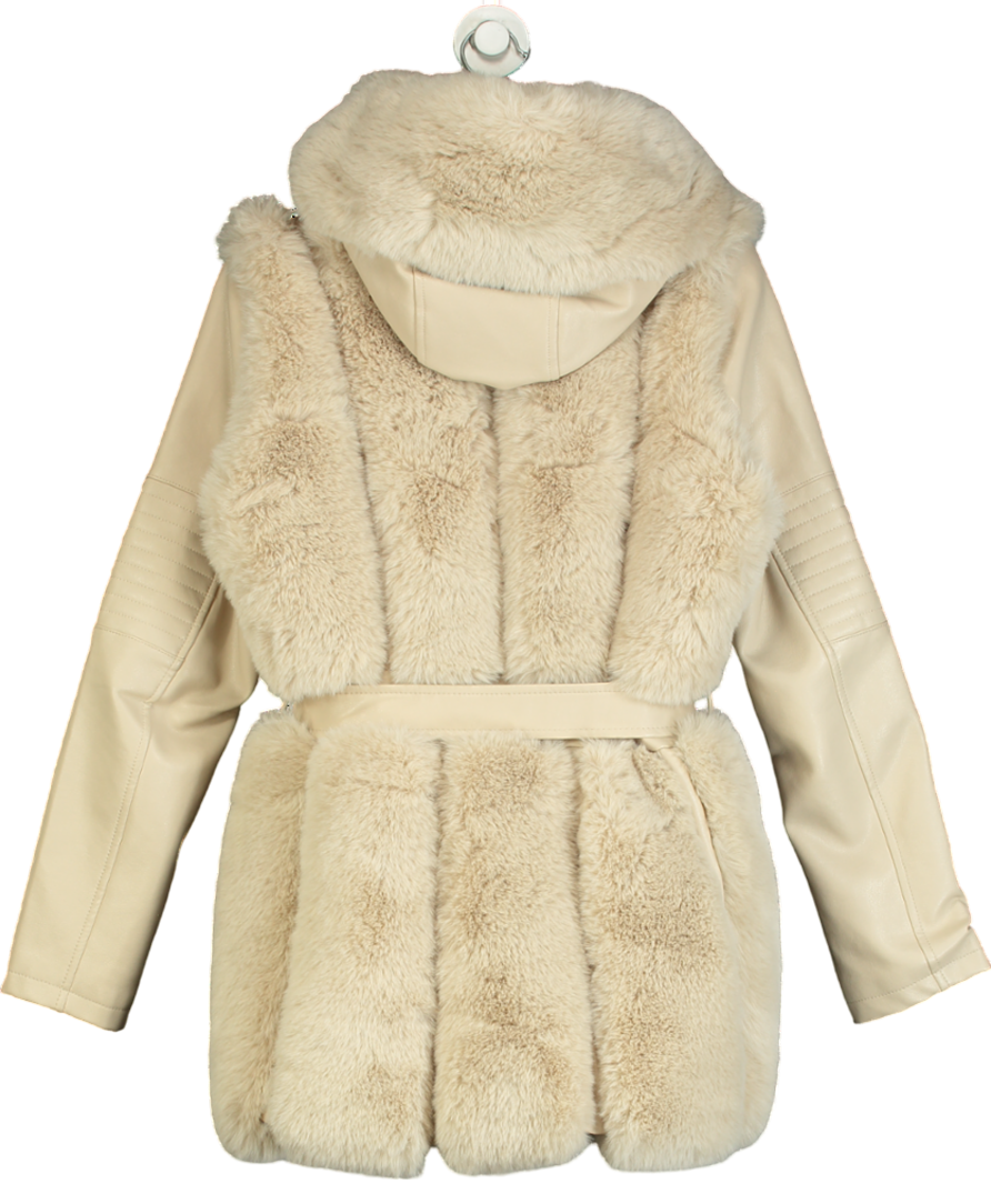 mochy Beige Belted Faux Leather & Fur Coat UK 14