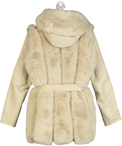 mochy Beige Belted Faux Leather & Fur Coat UK 14