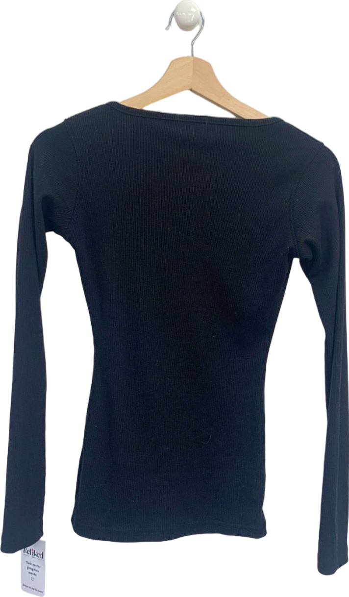 Boohoo Black V-Neck Button Ribbed Top UK 8